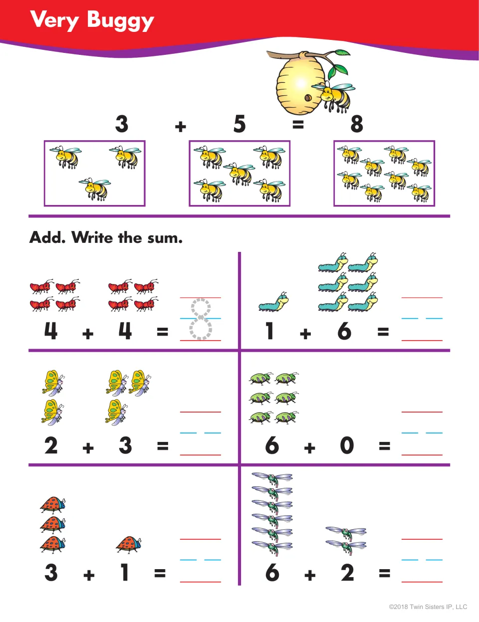 Very Buggy: using bug pictures like ants, caterpillars and ladybugs, students find sums to 8, such as 4 + 4 and 6 + 2