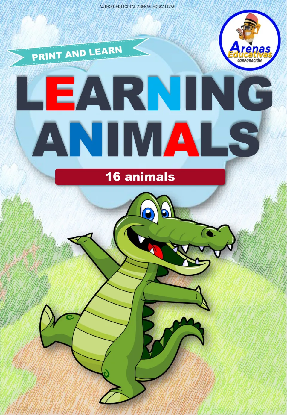 Cover of the Spanish animal flashcard set, headed 'Learning Animals' and identifying the set as 16 animals