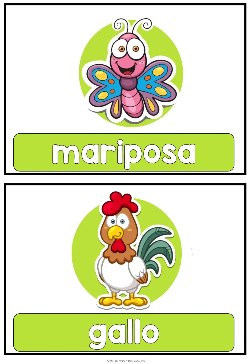 Spanish animal flashcards 1–2 of 16: mariposa (butterfly) and gallo (rooster), each paired with a picture