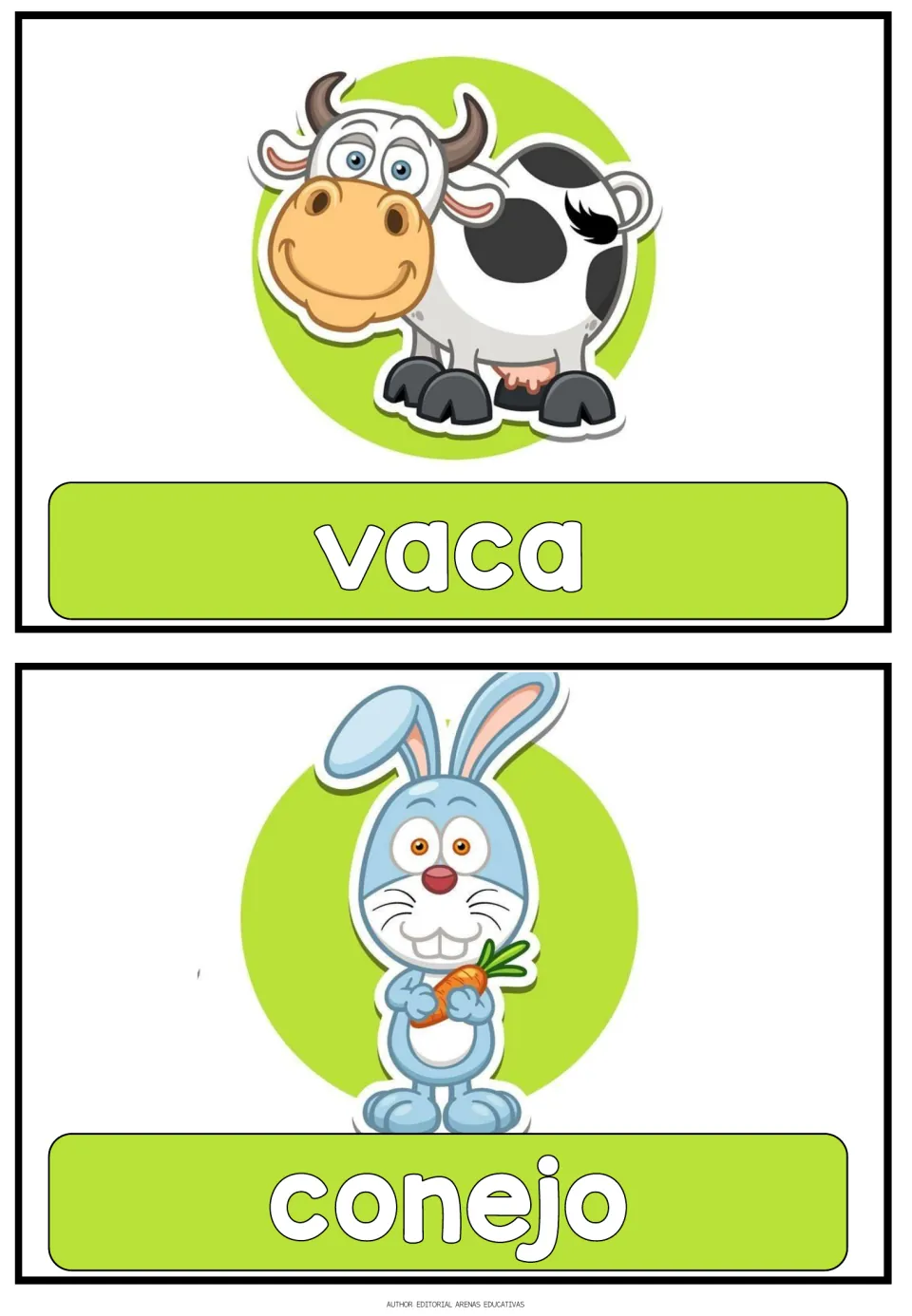 Spanish animal flashcards 3–4 of 16: vaca (cow) and conejo (rabbit), each paired with an animal picture