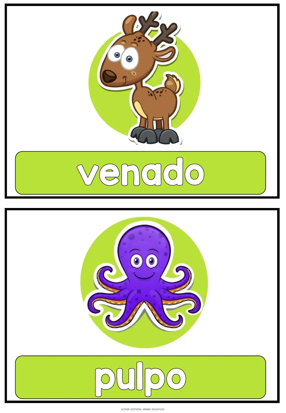 Spanish animal flashcards 5–6 of 16: venado (deer) and pulpo (octopus), each paired with an animal picture