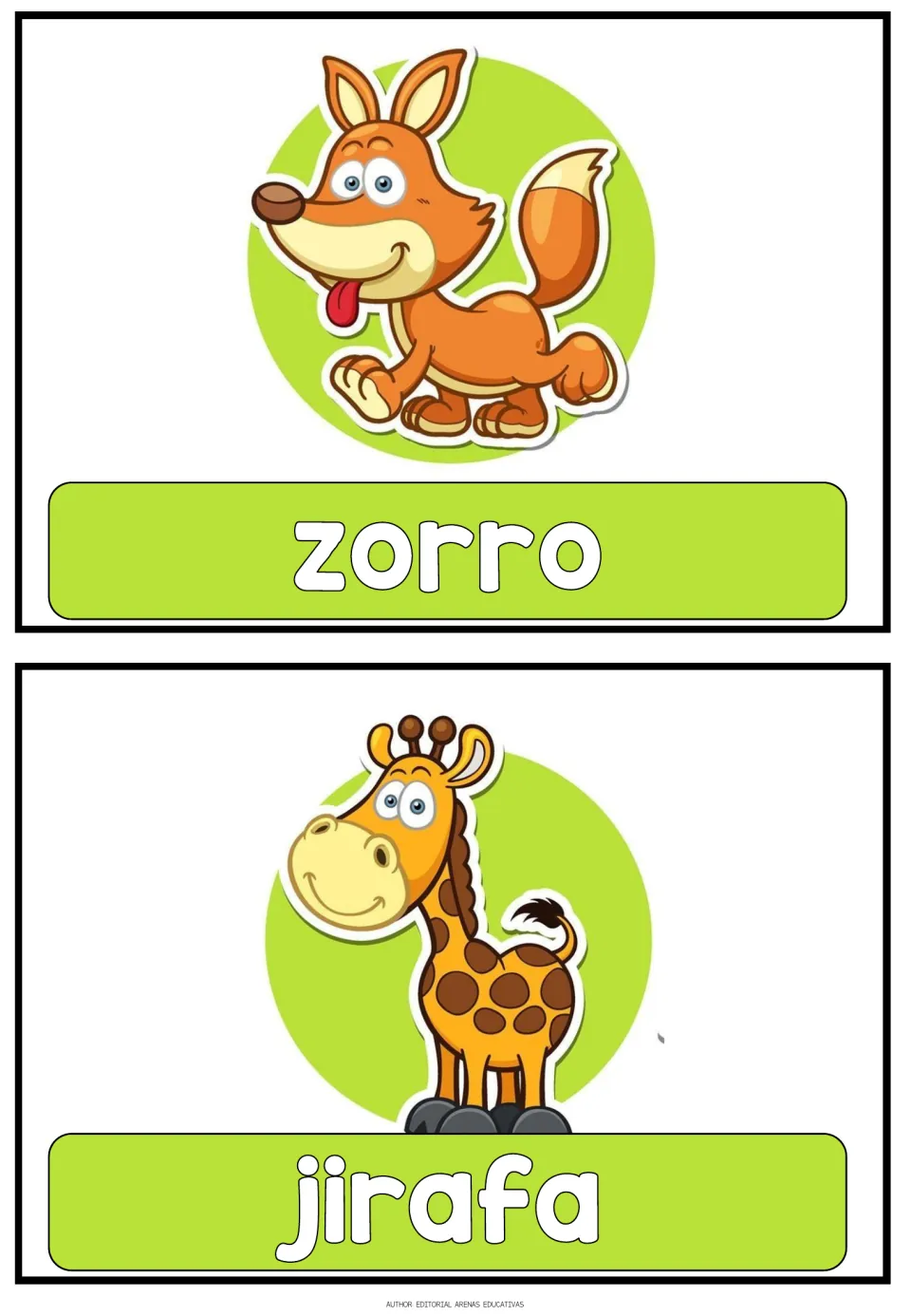 Spanish animal flashcards 7–8 of 16: zorro (fox) and jirafa (giraffe), each paired with an animal picture