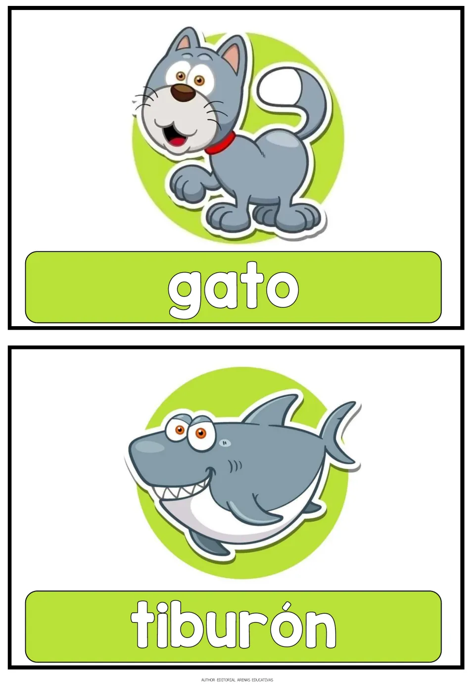 Spanish animal flashcards 9–10 of 16: gato (cat) and tiburón (shark), each paired with an animal picture