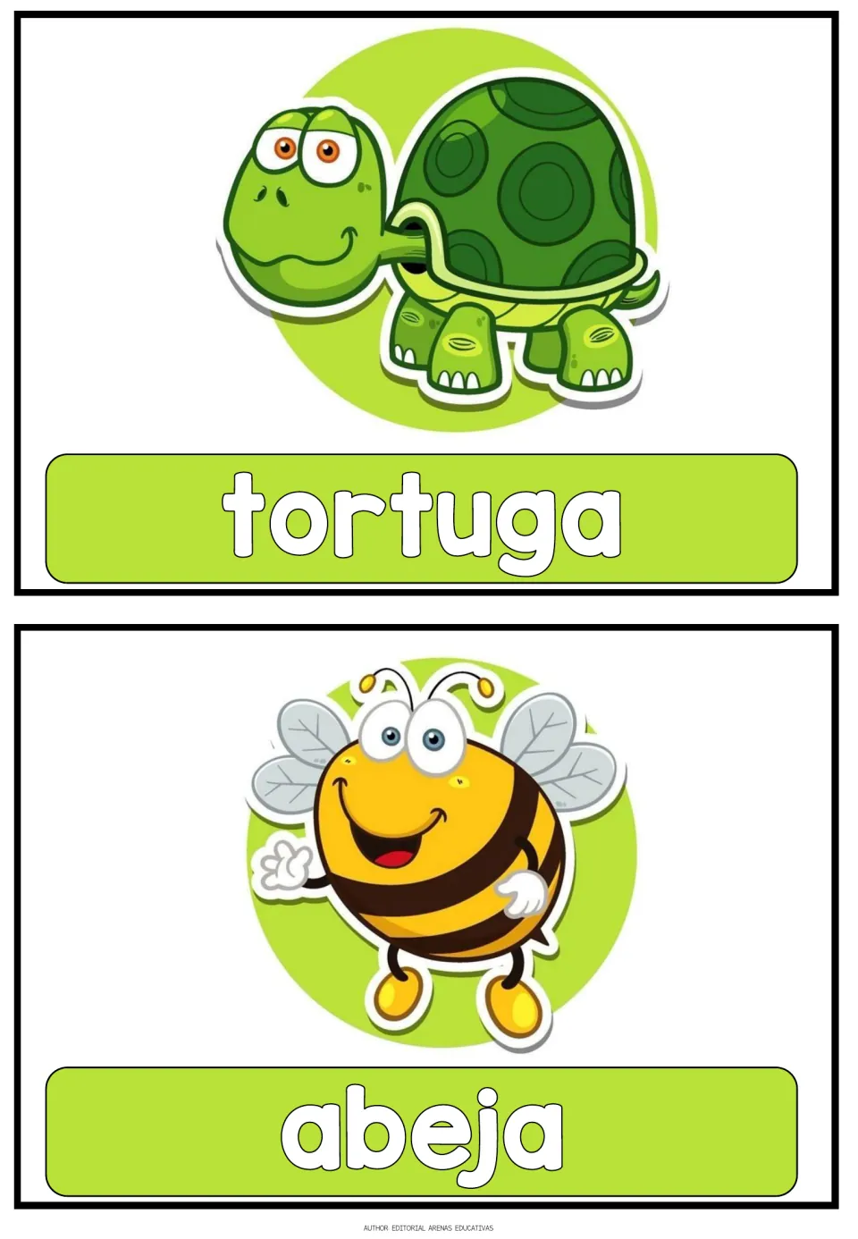 Spanish animal flashcards 11–12 of 16: tortuga (turtle) and abeja (bee), each paired with an animal picture