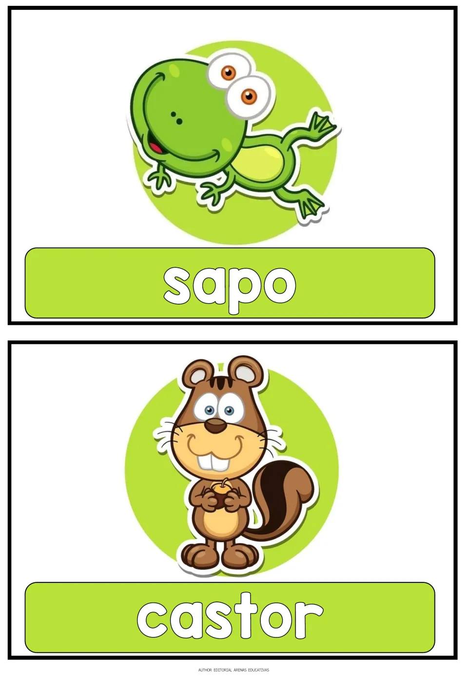 Spanish animal flashcards 13–14 of 16: illustrated cards labeled sapo (toad) and castor (beaver)