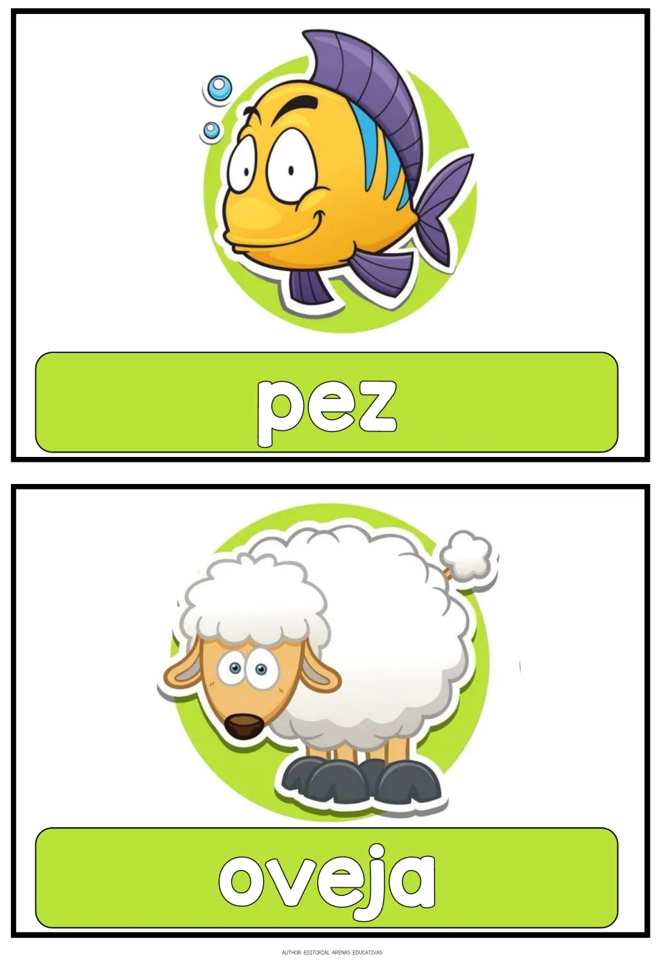 Spanish animal flashcards 15–16 of 16: pez (fish) and oveja (sheep), each paired with an animal picture