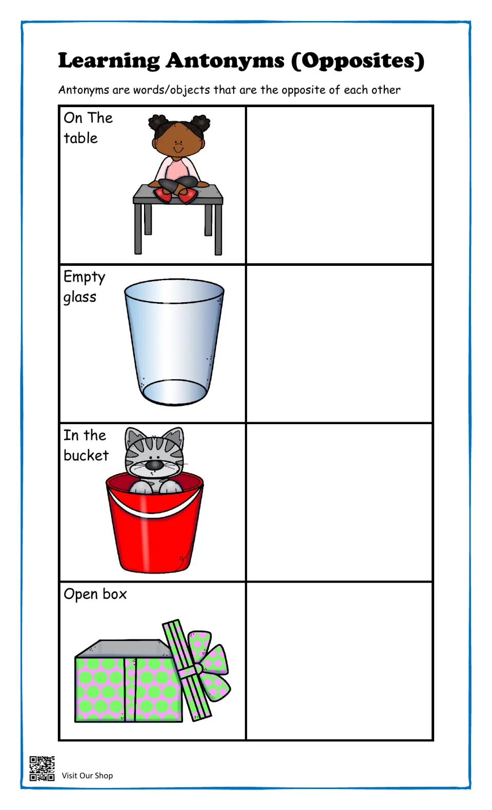 Opposites intro: girl on a table, empty glass, cat in a bucket and open box, each beside a blank for its opposite