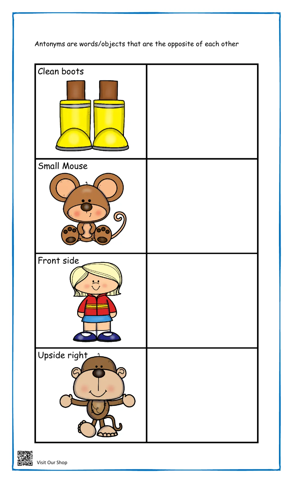 More opposites: clean boots, small mouse, girl's front side and monkey upside right, each beside a blank for its antonym