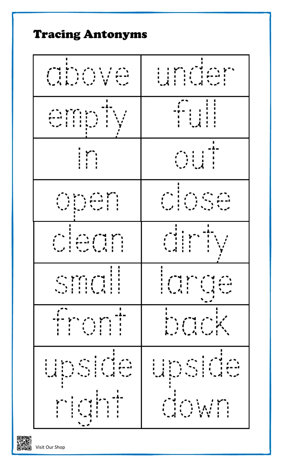 Tracing Antonyms: students trace 8 word pairs such as above/under, empty/full, open/close and upside right/upside down