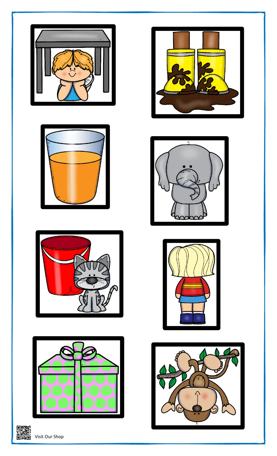 Opposite cards: under a table, muddy boots, full glass, elephant, out of a bucket, closed box, back view, upside down