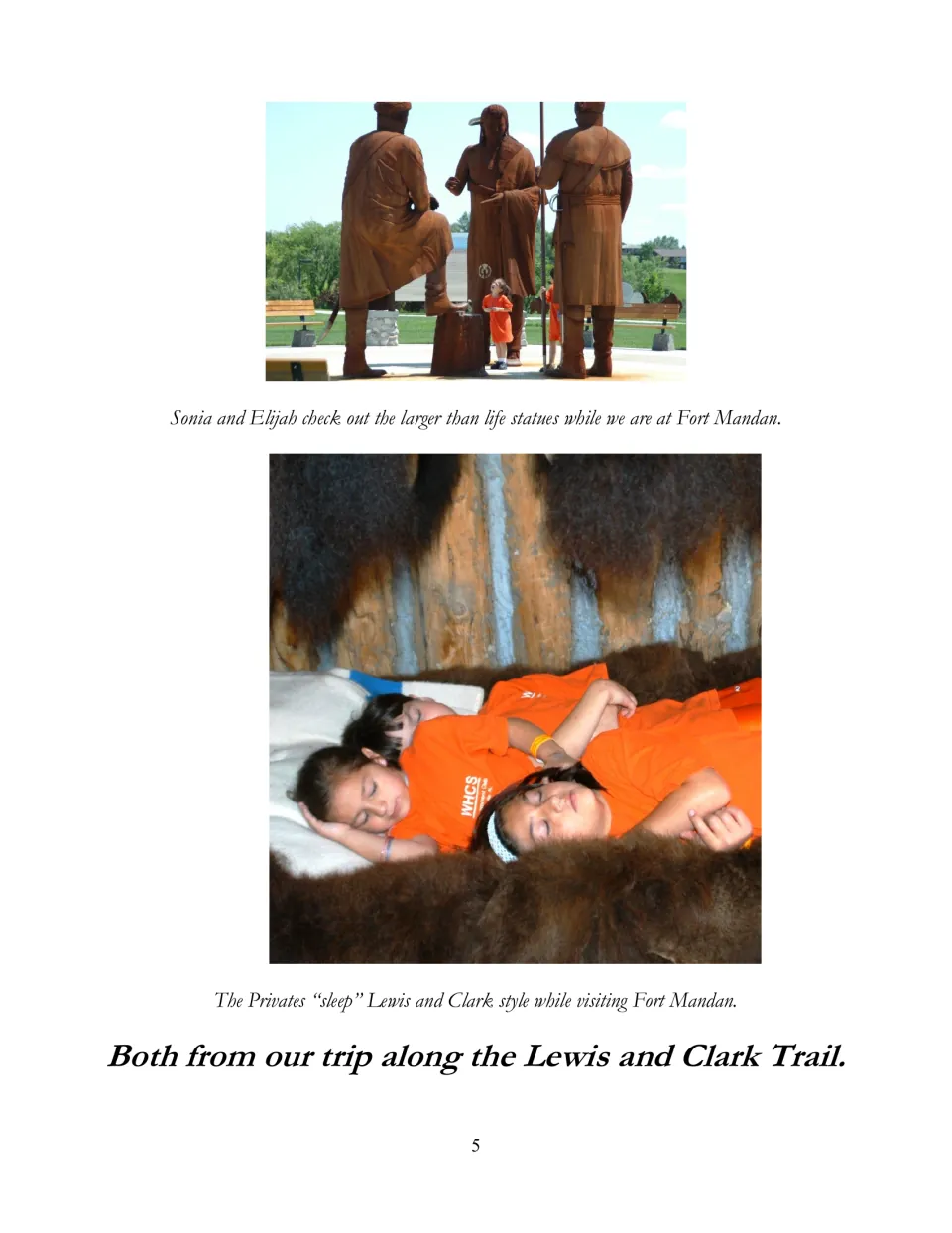 Travel ebook photos show children beside Fort Mandan statues and trying a Lewis and Clark-style sleeping area