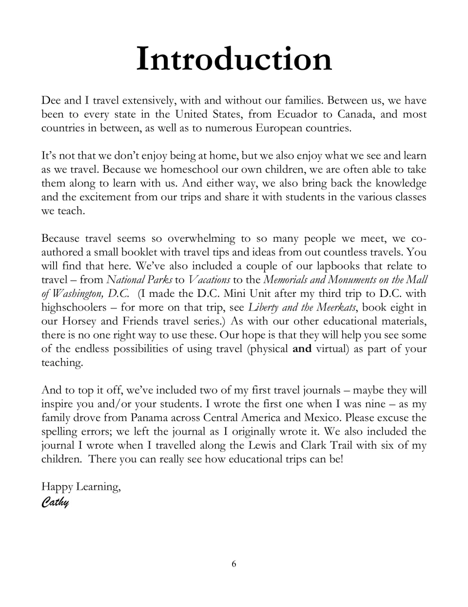 Introduction explains the ebook's travel tips, themed lapbooks, and journals from childhood and family trips