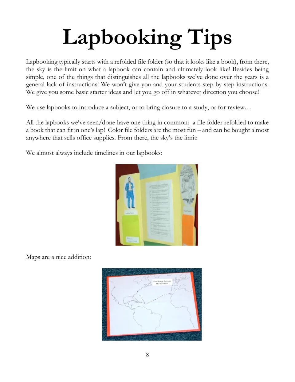 Lapbooking tips introduce refolded file folders and show timeline and map examples for travel-related studies