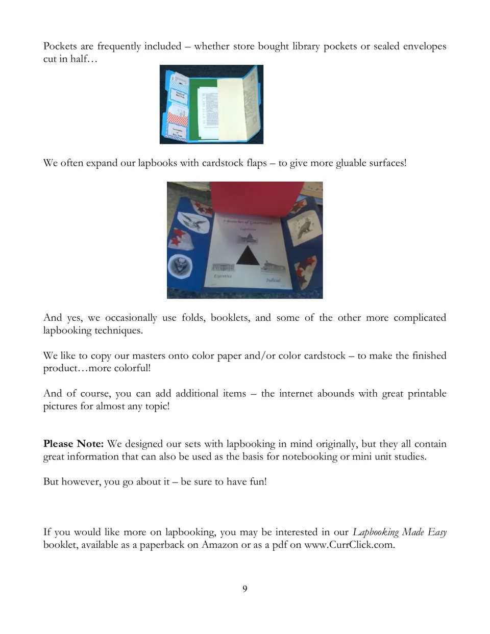 Lapbooking tips continue with pockets, cardstock flaps, folds, booklets, and color paper for assembling lapbooks