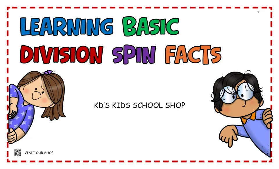 Learning Basic Division Spin Facts cover from KD's Kids School Shop, with two cartoon children peeking in from the sides