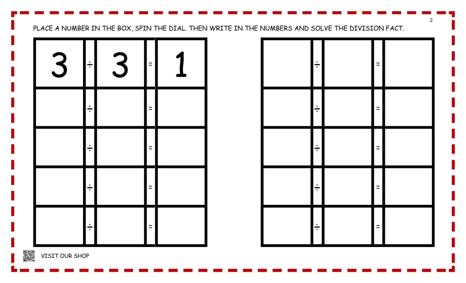 Division fact recording sheet: students place a number, spin the dial and write 10 facts, from the example 3 ÷ 3 = 1