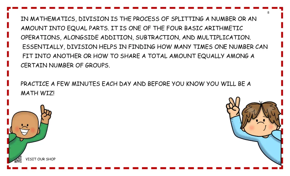 What division means: splitting an amount into equal parts, one of the four basic operations, with a daily practice tip