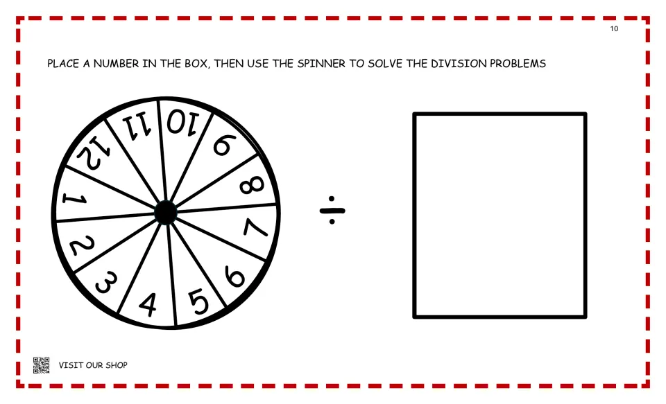 Division spinner mat: a dial numbered 1 to 12, a ÷ sign and a box where students place a number card to divide