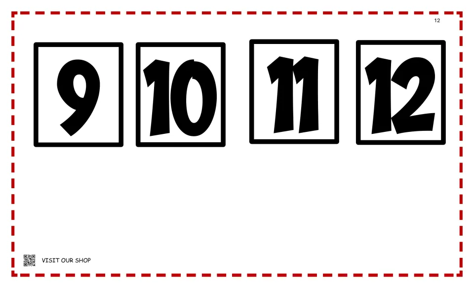 Number cards 9, 10, 11 and 12 in large bold print, finishing the cut-out card set for the spinner game