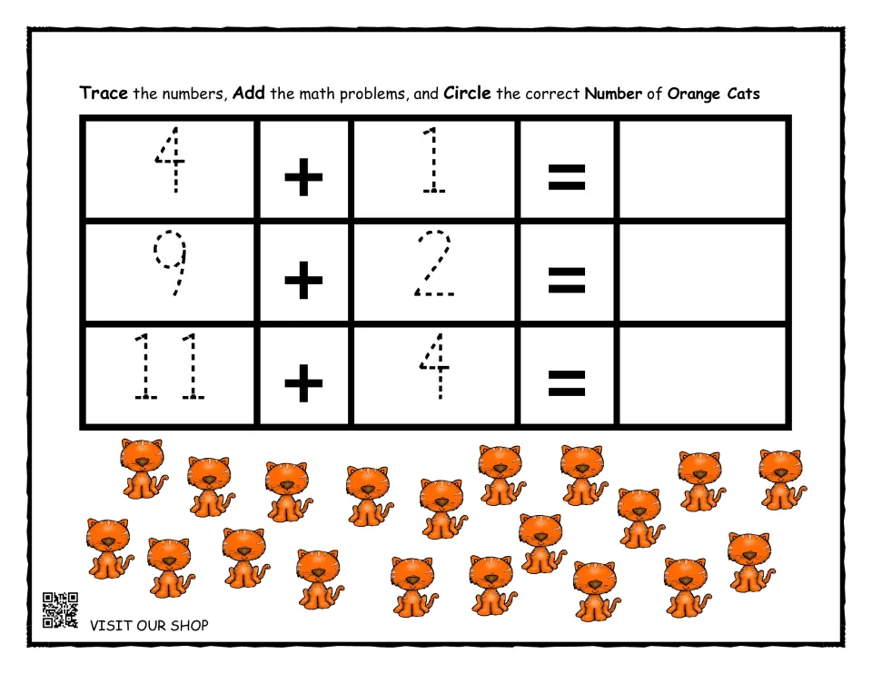 Addition with orange cats: students trace 4+1, 9+2 and 11+4, find each sum and circle that many cats to show the total