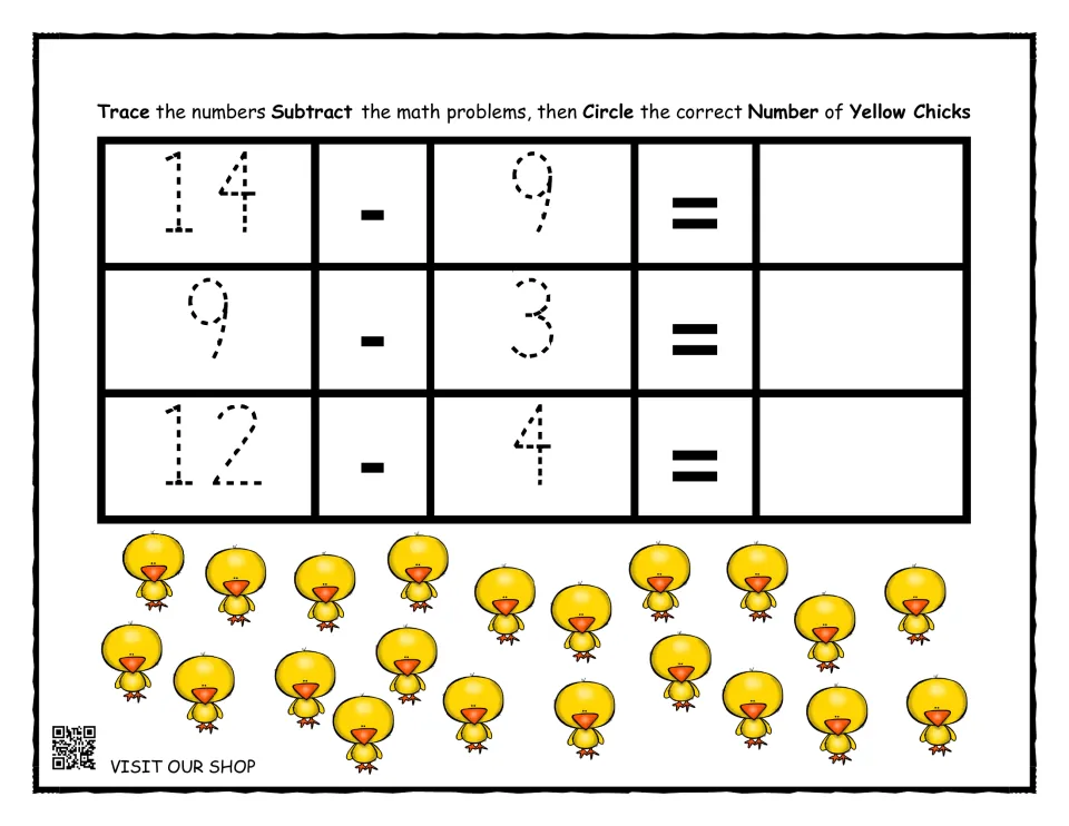 Subtraction with yellow chicks: students trace 14-9, 9-3 and 12-4, write each difference and circle that many chicks