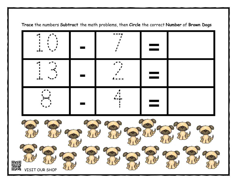 Subtraction with brown dogs: students trace 10-7, 13-2 and 8-4, solve each problem, then circle the matching number of dogs