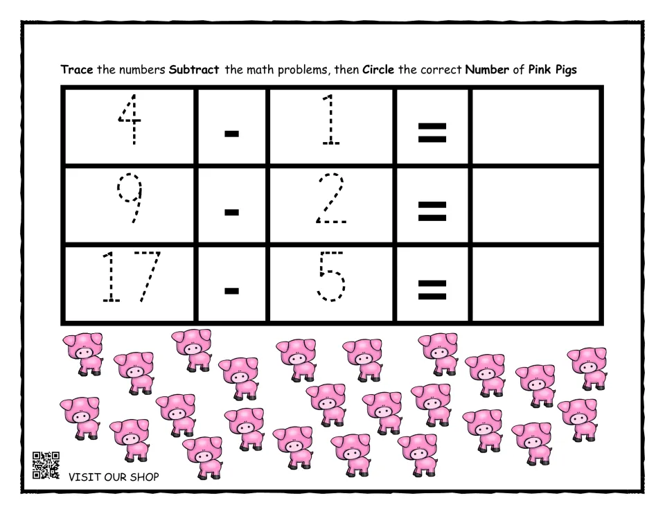 Subtraction with pink pigs: students trace 4-1, 9-2 and 17-5, write each answer and circle the correct number of pigs