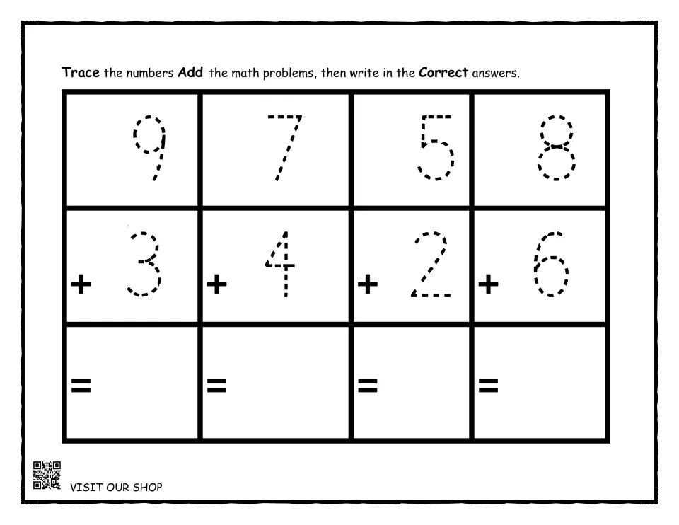 Vertical addition: students trace 9+3, 7+4, 5+2 and 8+6 written top to bottom and write each sum below the equals sign