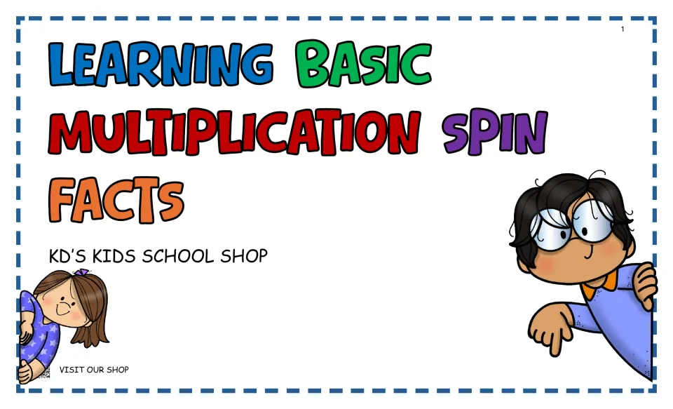 Cover of Learning Basic Multiplication Spin Facts by KD's Kids School Shop, with two cartoon kids peeking in