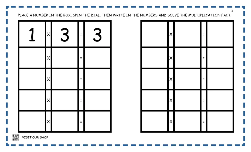 Spin-a-fact sheet: students place a number, spin the dial and solve 10 multiplication facts; 1 x 3 = 3 is modeled