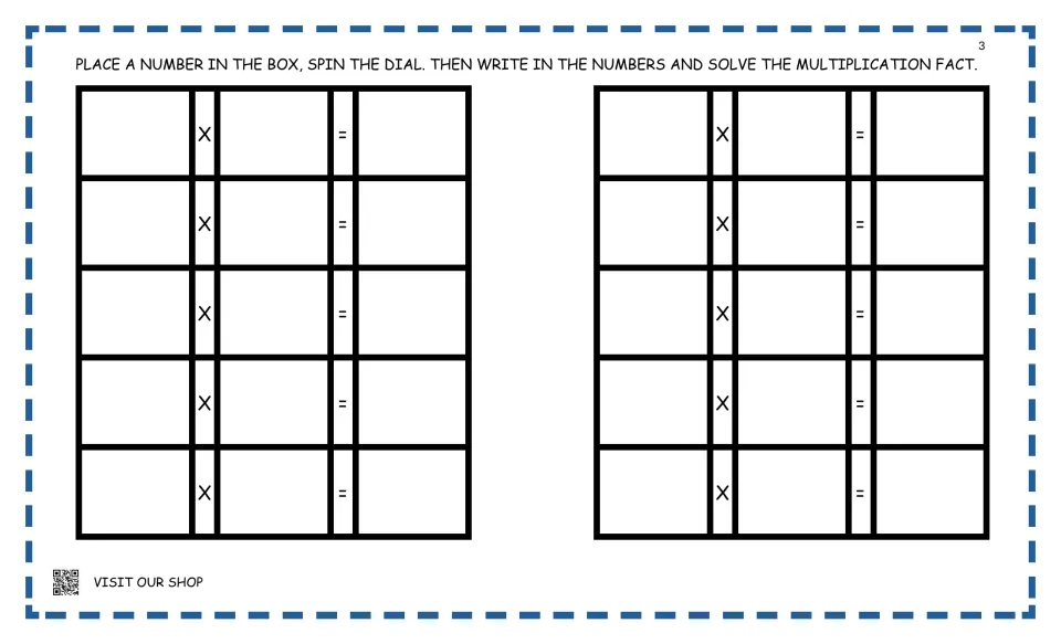 Multiplication fact recording sheet: students write the box number and spun number, then solve 10 blank x = equations