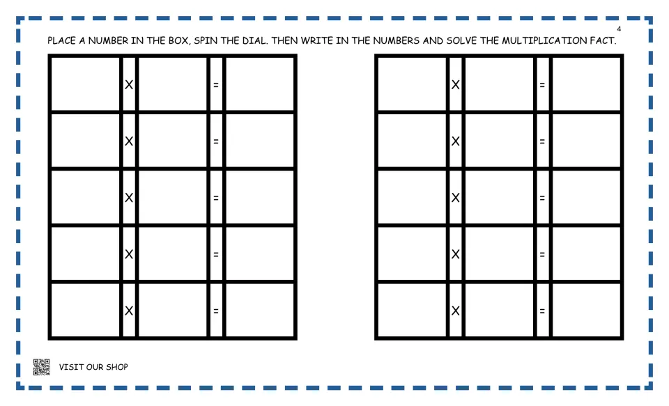 More spin-the-dial multiplication facts: 10 empty factor x factor = product facts for students to complete and solve