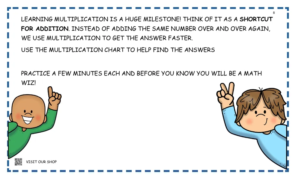 Intro to multiplication as a shortcut for addition, telling students to use the chart for answers and practice daily