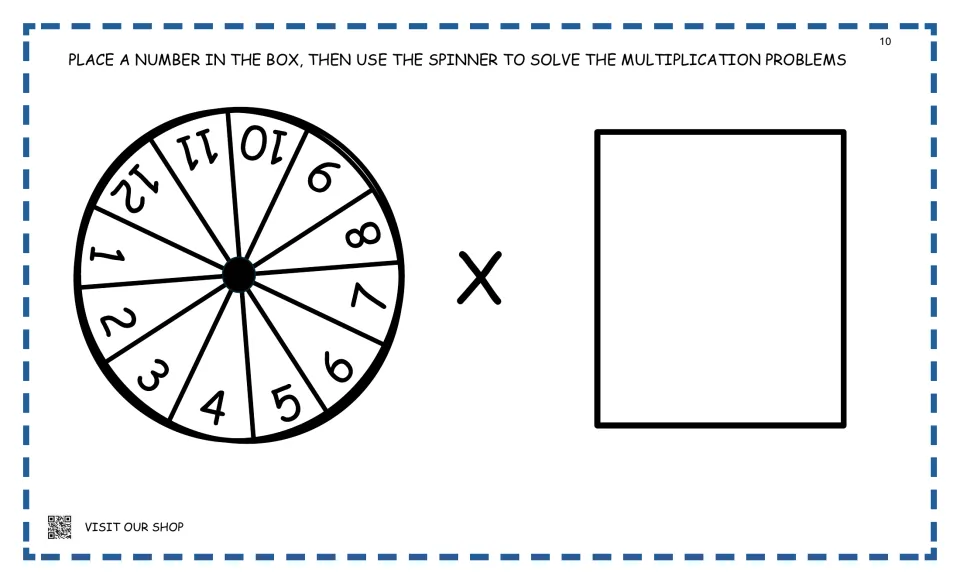 Multiplication spinner numbered 1 to 12 beside a times sign and a box where students place a number to multiply by