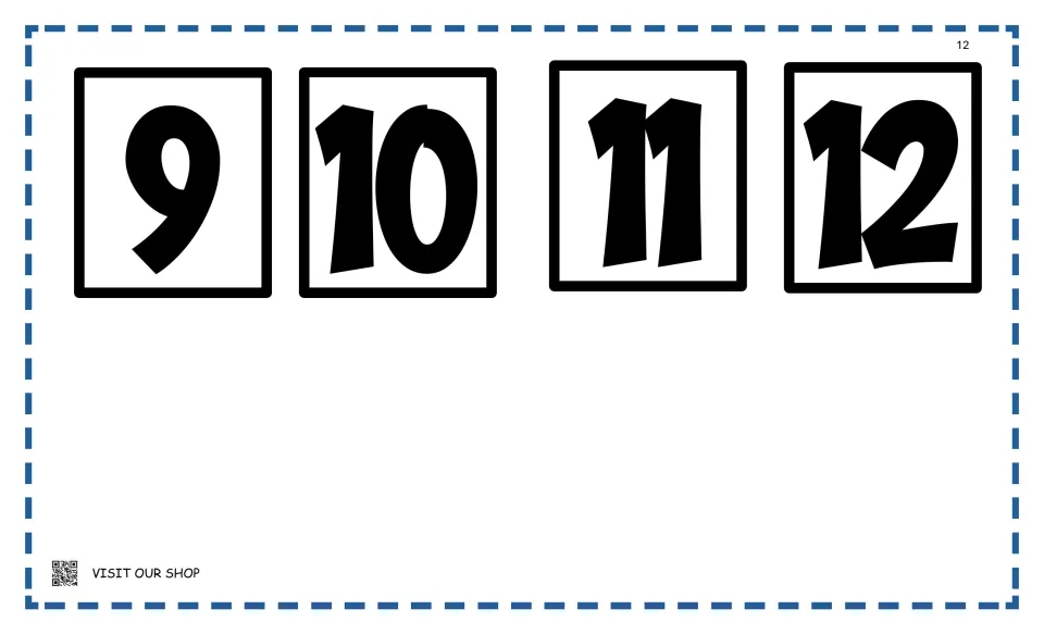 Number cards 9, 10, 11 and 12 to cut out, completing the set of factor cards used with the multiplication spinner