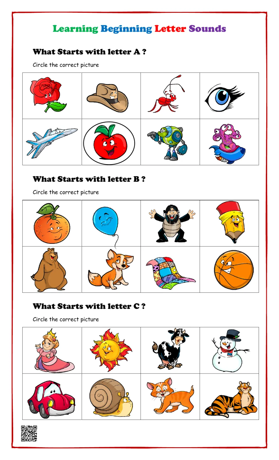 Beginning sounds for A, B and C: students circle the picture that starts with each letter; apple is circled as a model