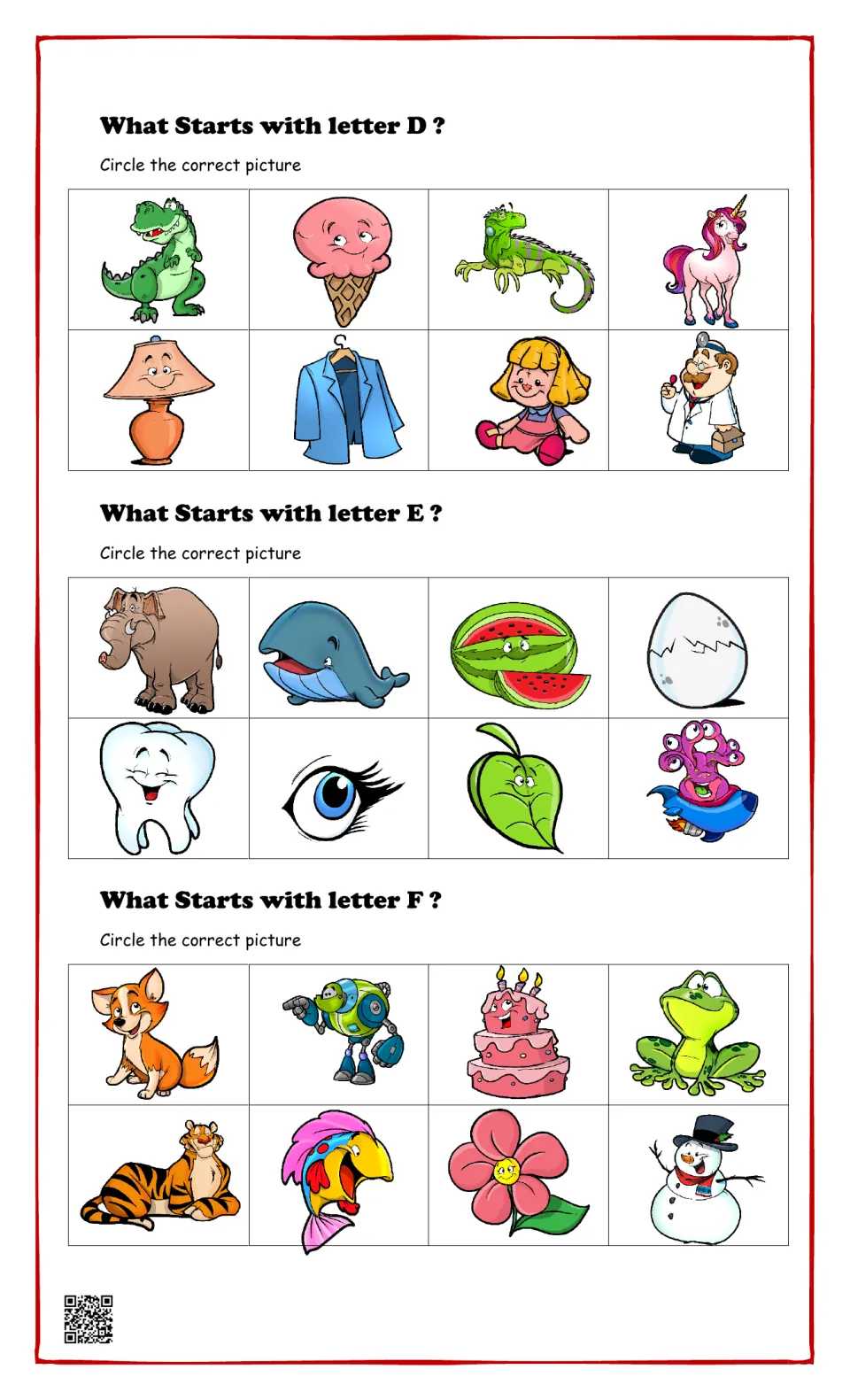 Beginning sounds for D, E and F: students circle the picture that starts with each letter, like dinosaur, elephant, frog
