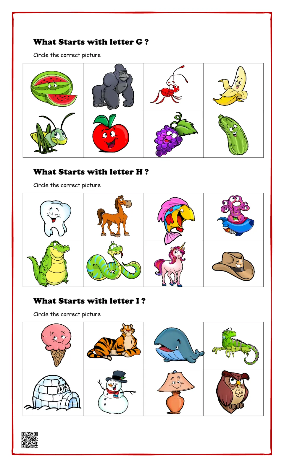 Beginning sounds for G, H and I: students circle the matching picture among choices like gorilla, horse, igloo and grapes