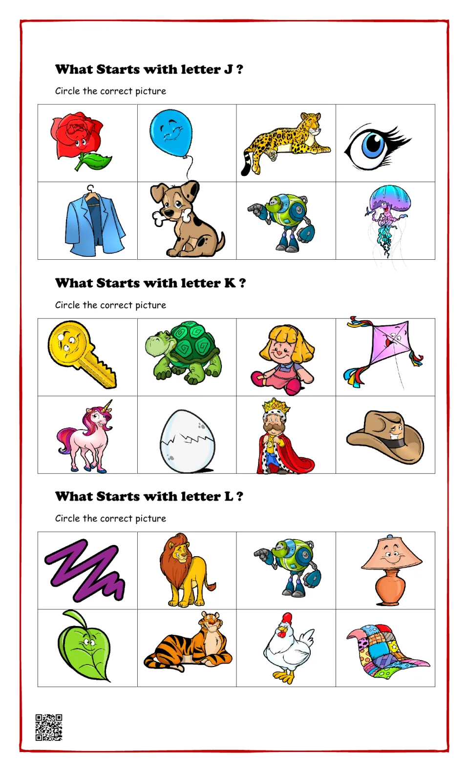 Beginning sounds for J, K and L: students circle pictures that begin with each letter, including jellyfish, key and lion