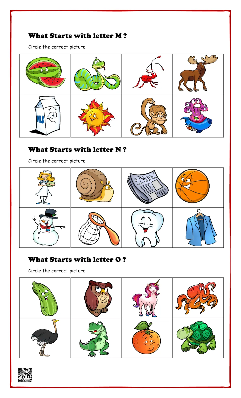 Beginning sounds for M, N and O: students circle the picture that starts with each letter, like moose, nurse, octopus