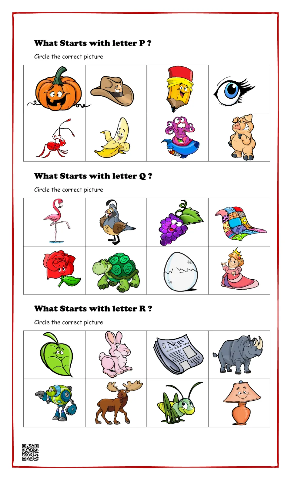 Beginning sounds for P, Q and R: students circle the pictures that start with each letter, like pumpkin, quail and rabbit