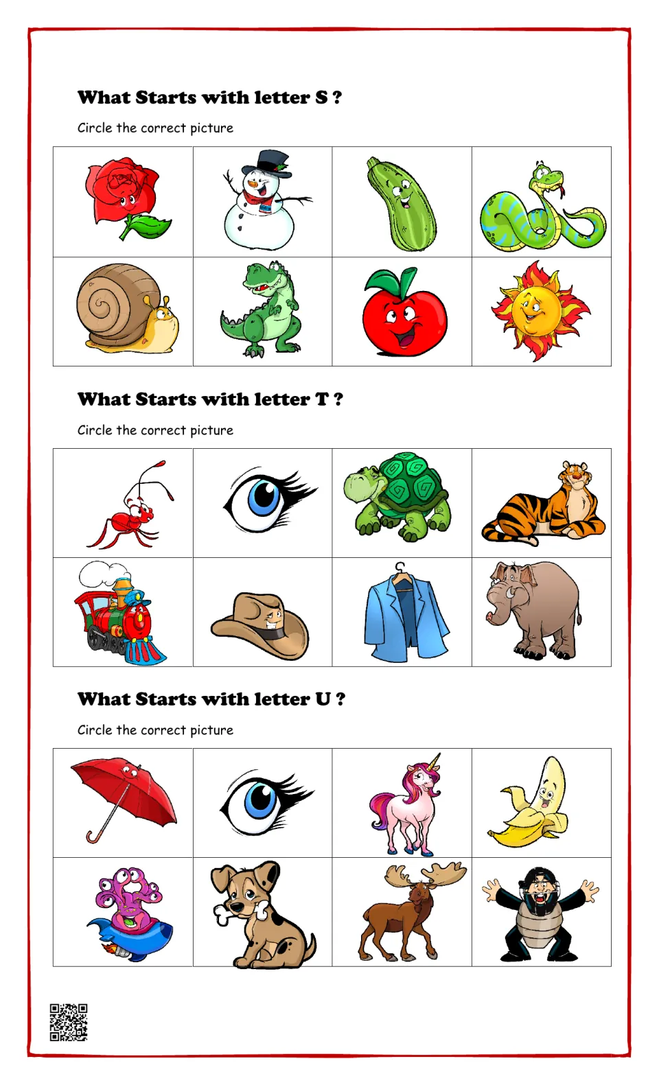 Beginning sounds for S, T and U: students circle the picture starting with each letter, like snake, train and umbrella