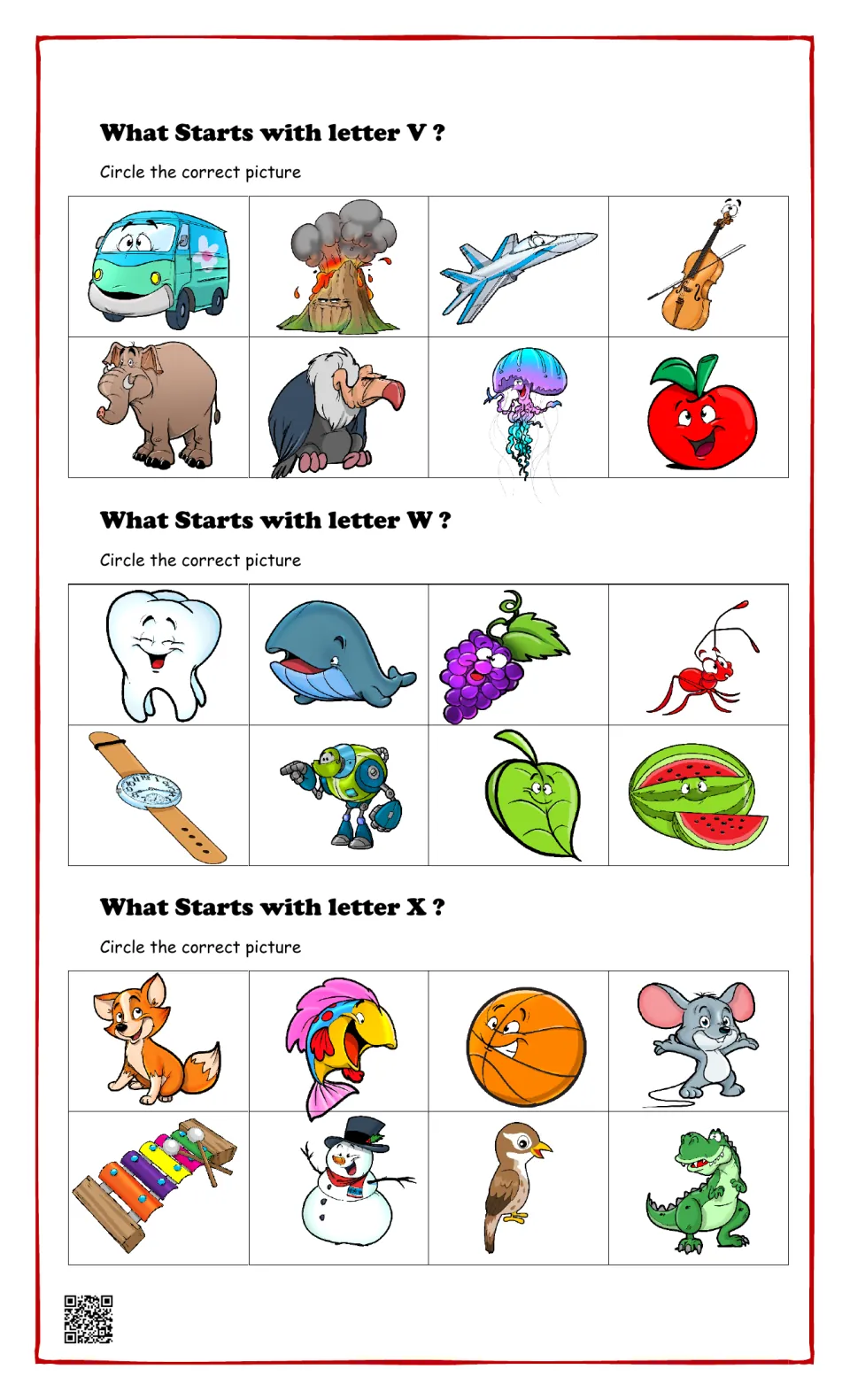 Beginning sounds for V, W and X: students circle pictures that begin with each letter, like volcano, watch and xylophone