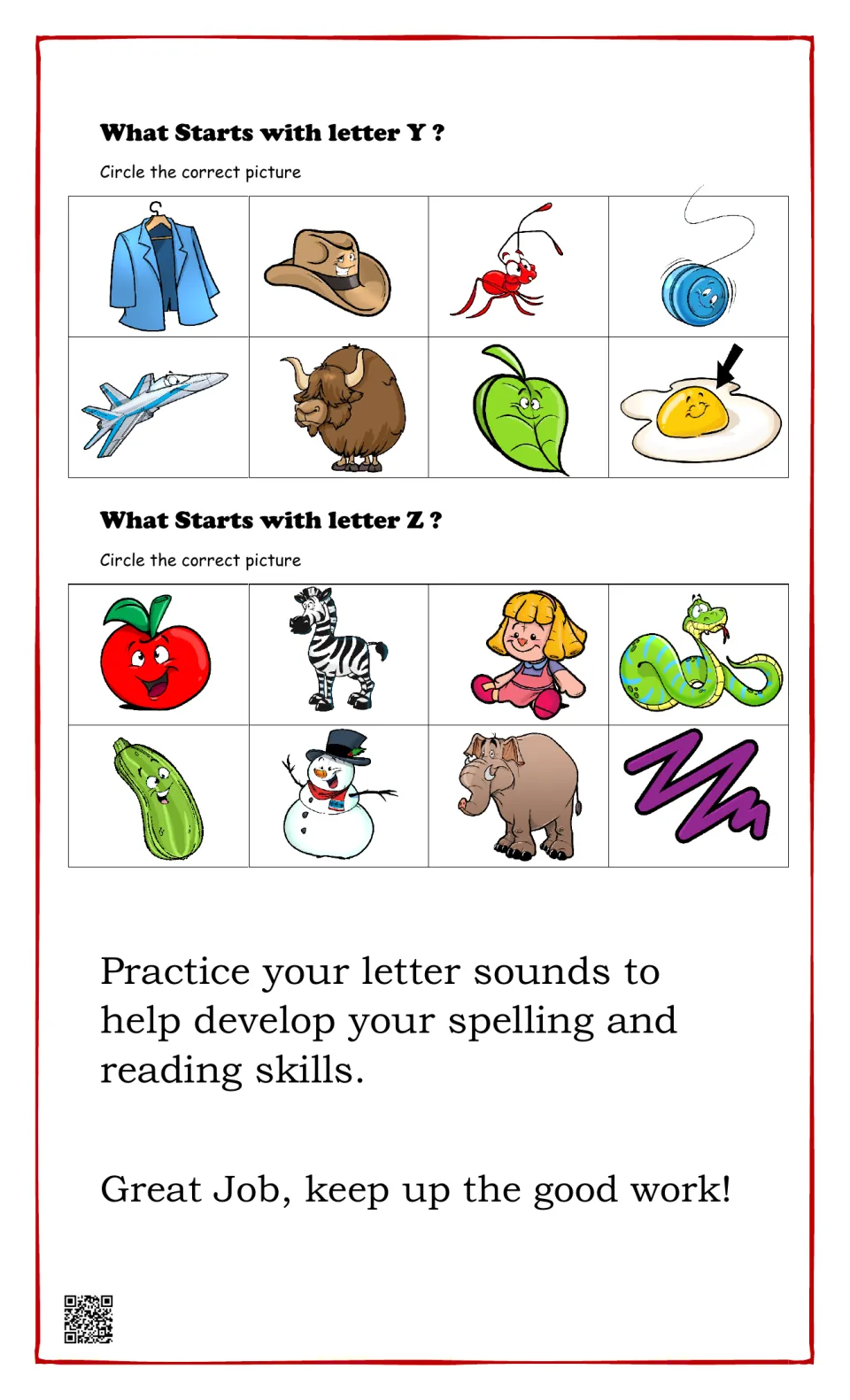 Beginning sounds for Y and Z: students circle the matching pictures, such as yo-yo and zebra, then see a Great Job note