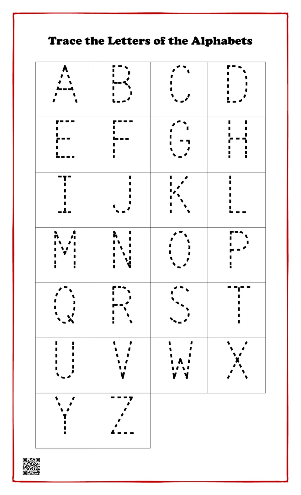Trace the Letters of the Alphabets: students trace dotted uppercase letters A to Z to practise letter formation