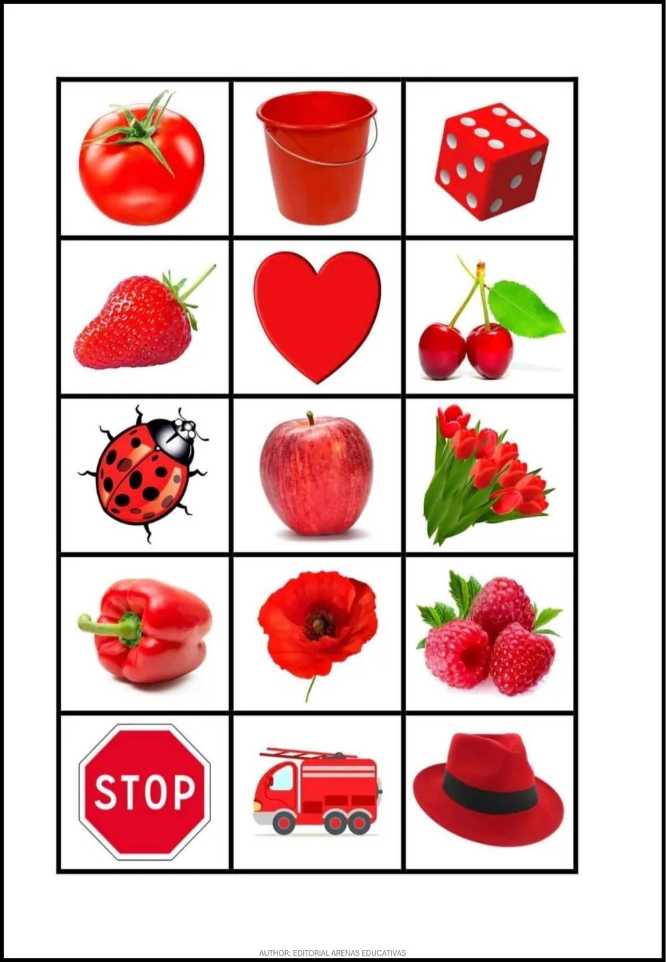 Red picture cards for color matching: tomato, bucket, die, strawberry, heart, cherries, and nine more.