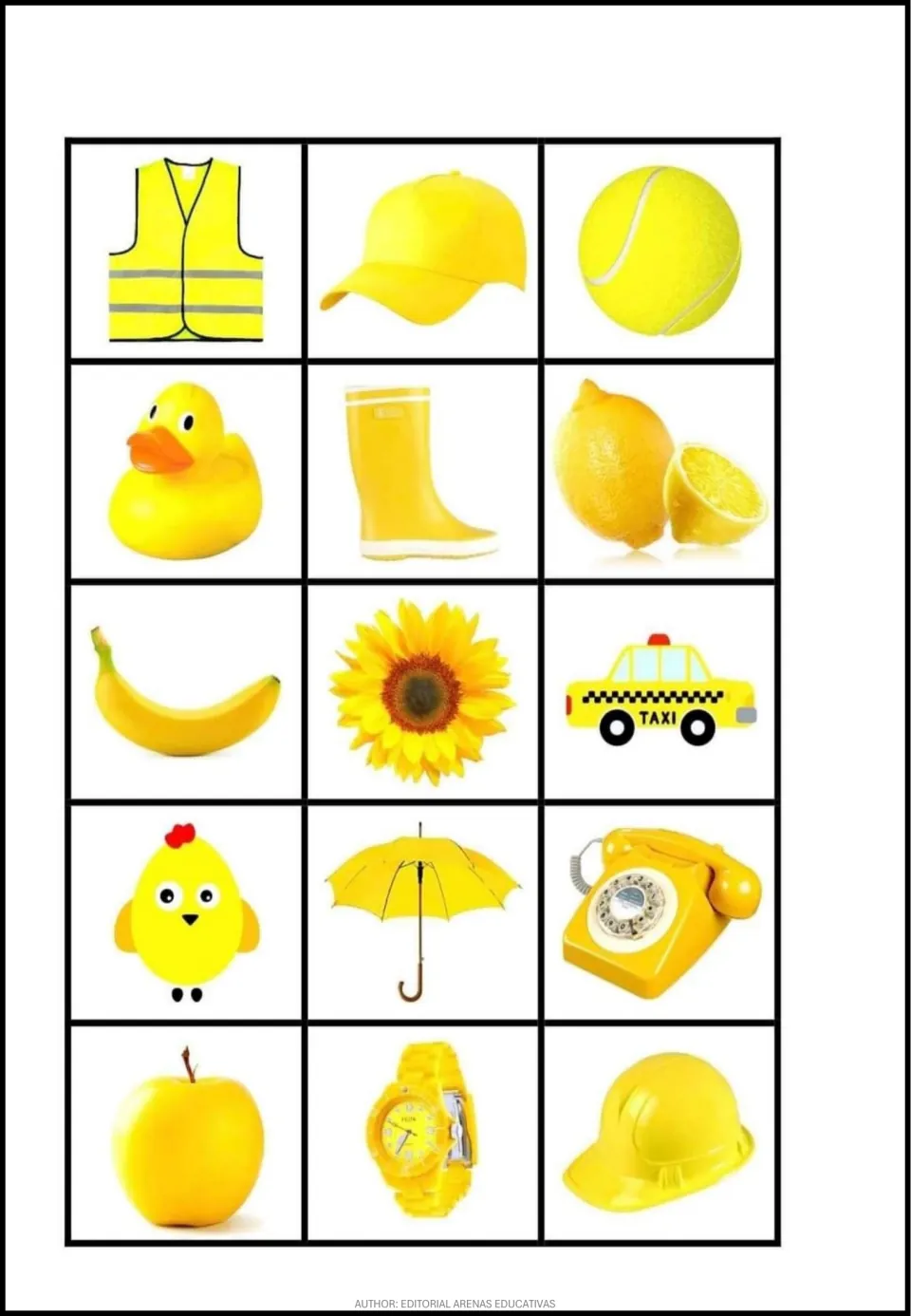 Yellow picture cards for color matching: safety vest, cap, tennis ball, rubber duck, boot, and ten more.