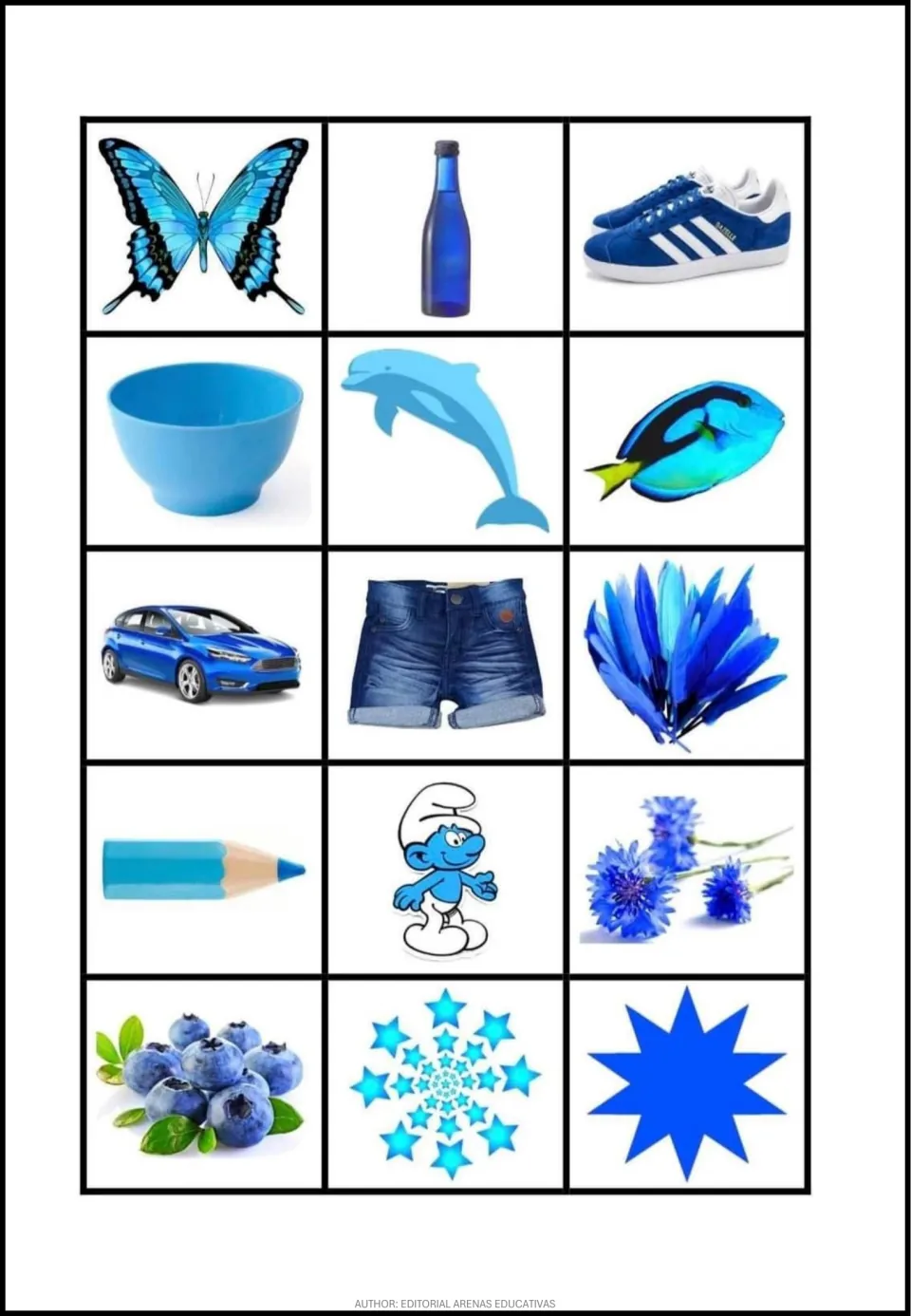 Blue picture cards for color matching: butterfly, bottle, sneakers, bowl, dolphin, fish, and nine more.