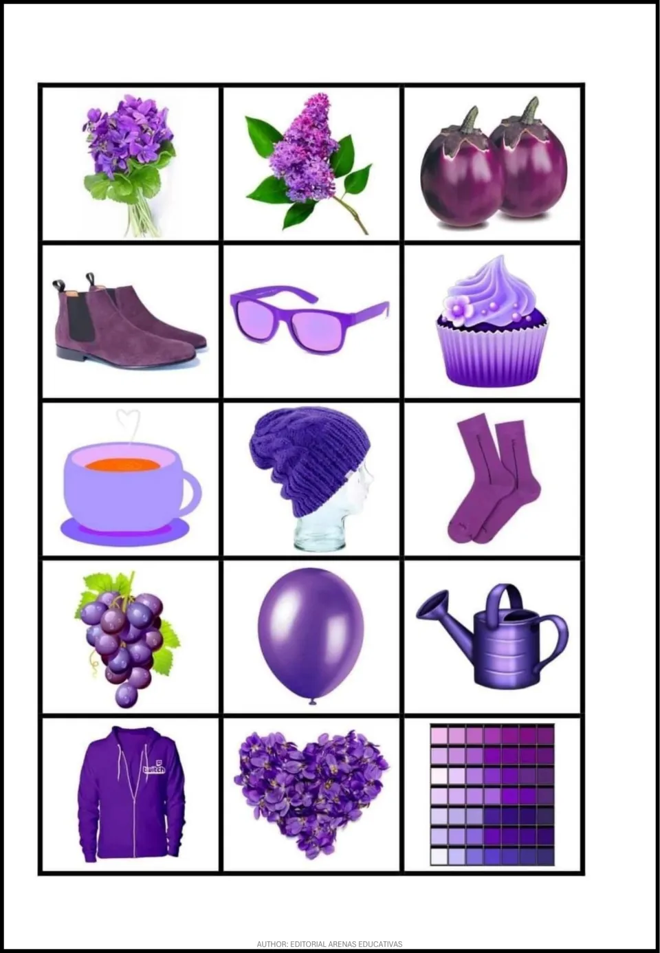 Purple picture cards for color matching: flowers, eggplants, boots, glasses, cupcake, and ten more.