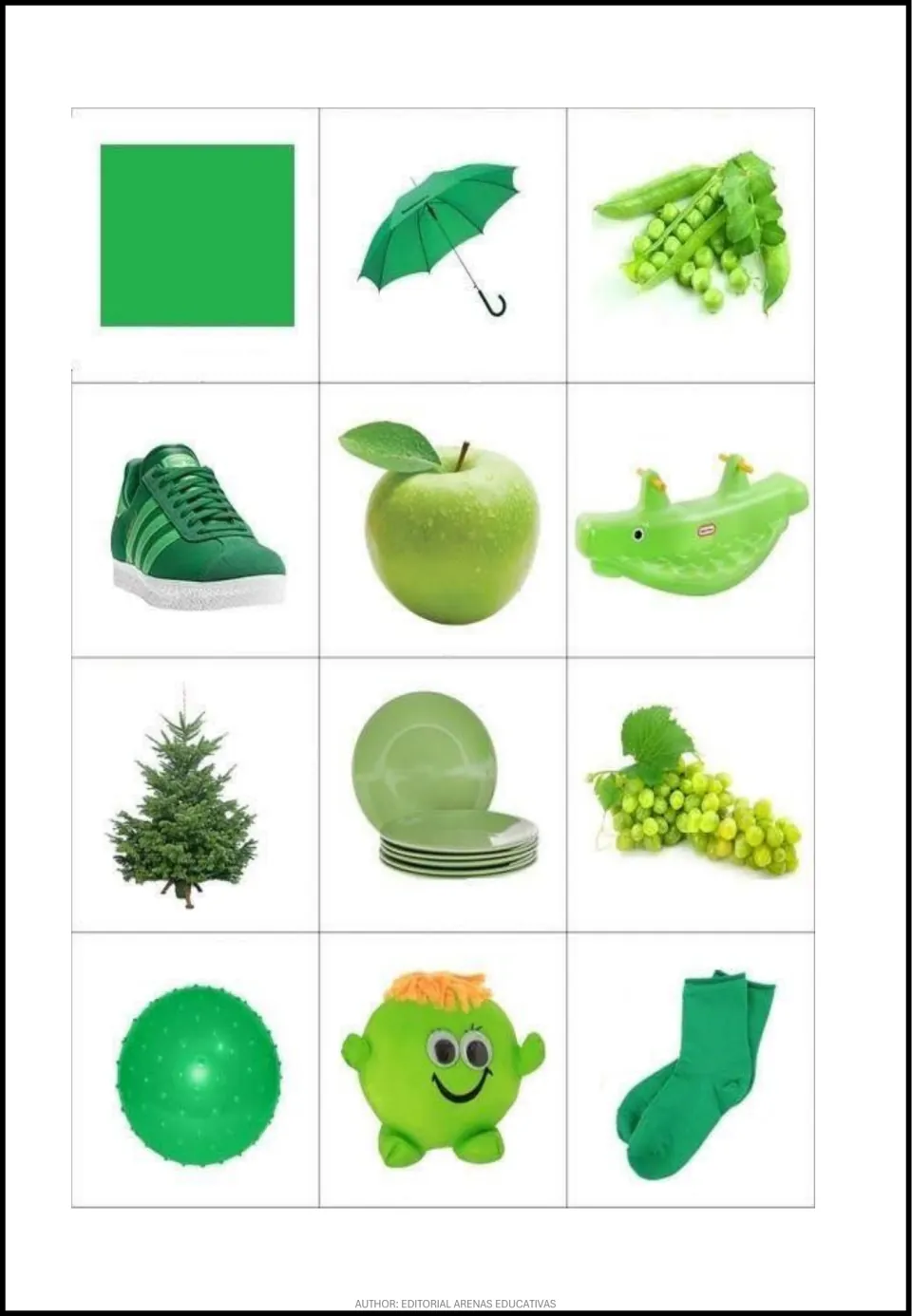 Green picture cards for color matching: color swatch, umbrella, peas, sneaker, apple, and seven more.